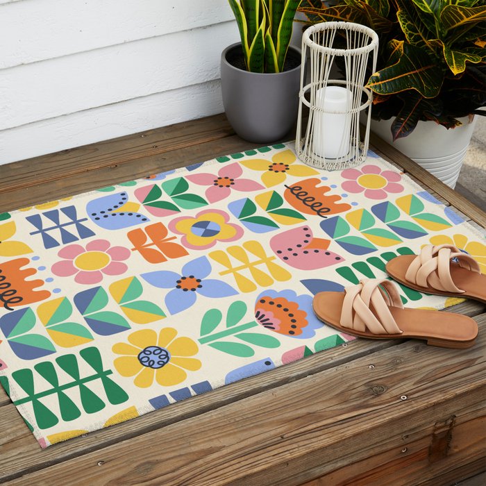 Retro Folk and Floral Colorful Pastel Flower Grid Cream Outdoor Rug Gallery Image 2