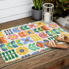 Retro Folk and Floral Colorful Pastel Flower Grid Cream Outdoor Rug Gallery Image 2