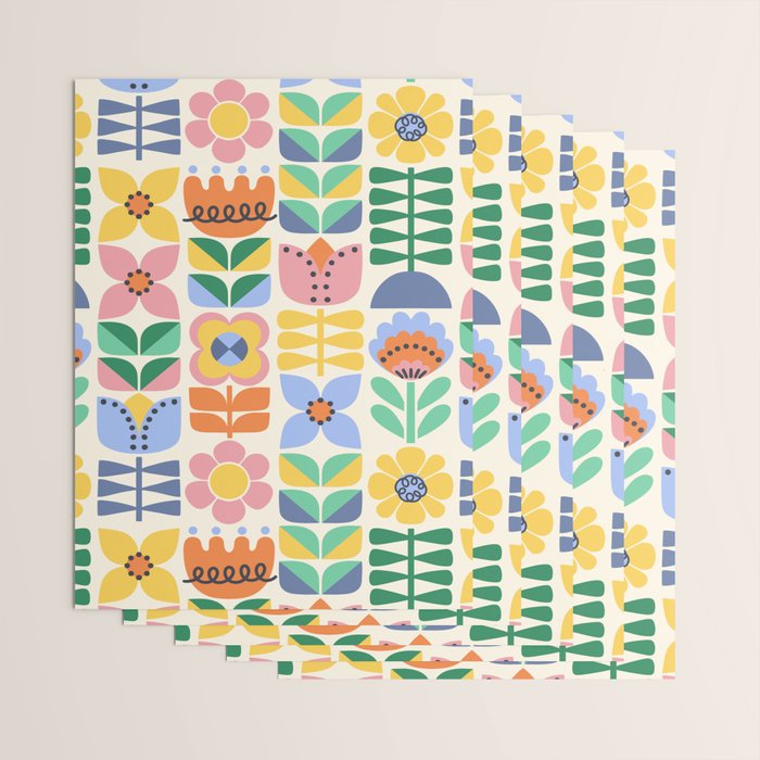 Retro Folk and Floral Colorful Pastel Flower Grid Cream Wrapping Paper Gallery Image 3