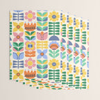 Retro Folk and Floral Colorful Pastel Flower Grid Cream Wrapping Paper Gallery Image 3