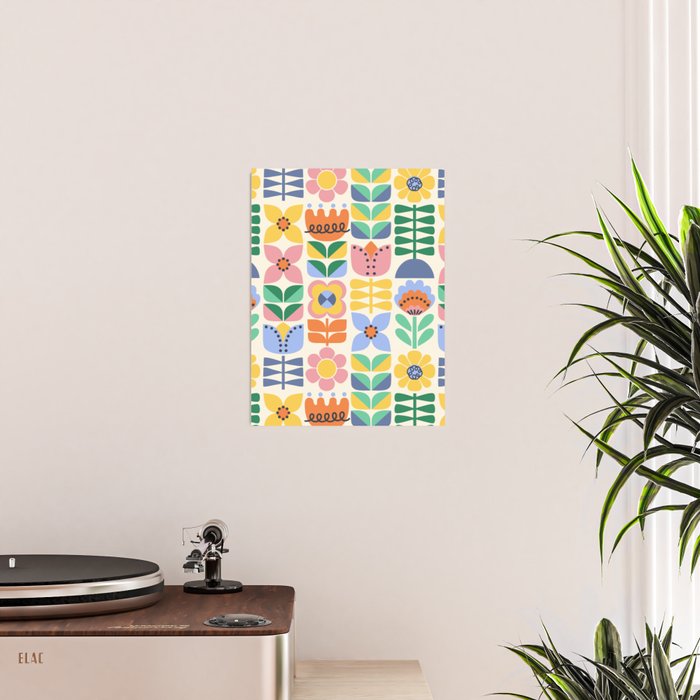 Retro Folk and Floral Colorful Pastel Flower Grid Cream Poster Gallery Image 2