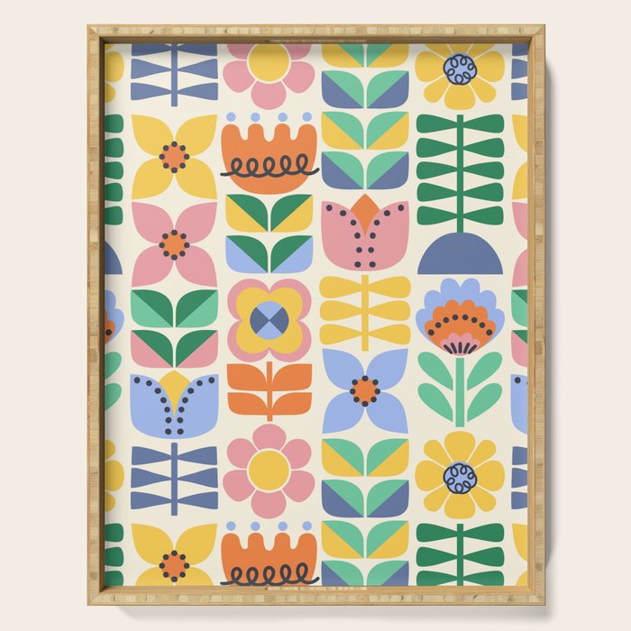 Retro Folk and Floral Colorful Pastel Flower Grid Cream Serving Tray Gallery Image 1