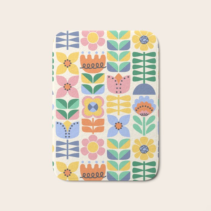 Retro Folk and Floral Colorful Pastel Flower Grid Cream Bath Mat Gallery Image 1