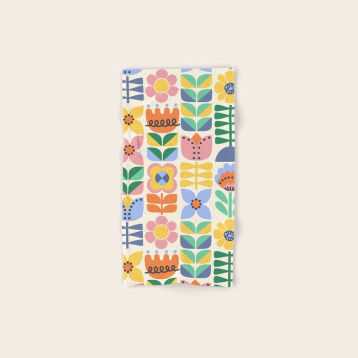 Retro Folk and Floral Colorful Pastel Flower Grid Cream Bath Towel Gallery Image 1