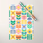 Retro Folk and Floral Colorful Pastel Flower Grid Cream Wrapping Paper Gallery Image 1