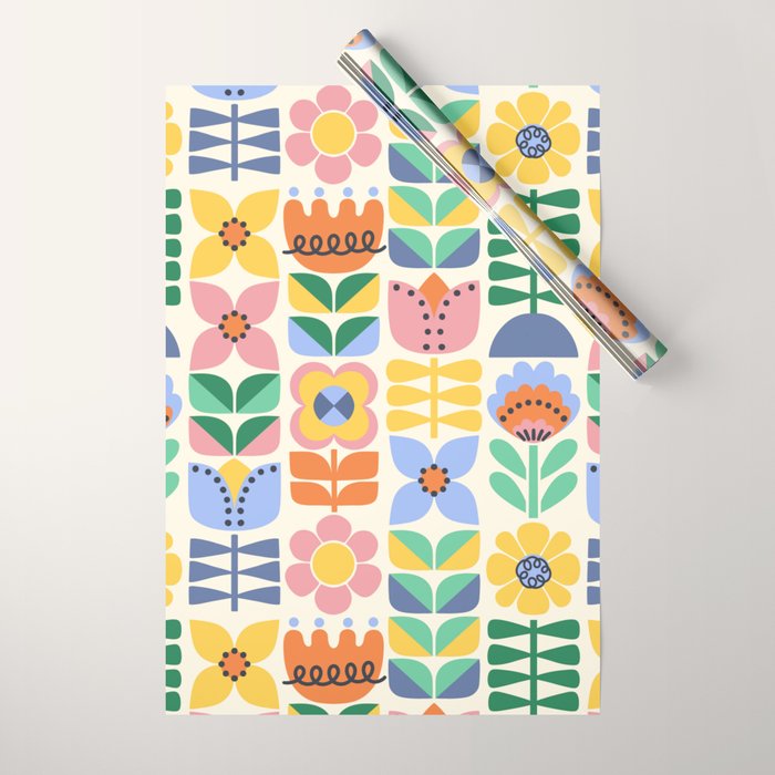 Retro Folk and Floral Colorful Pastel Flower Grid Cream Wrapping Paper Gallery Image 1