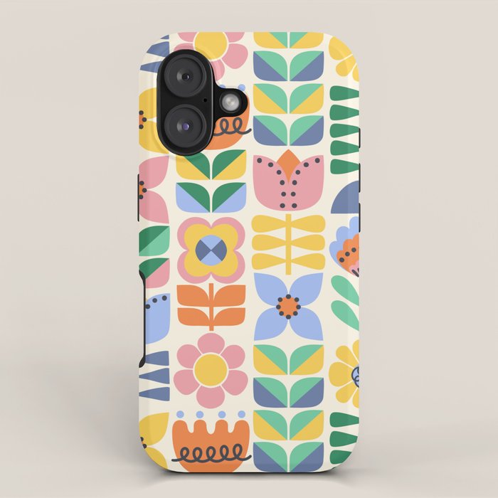 Retro Folk and Floral Colorful Pastel Flower Grid Cream iPhone Case Gallery Image 1