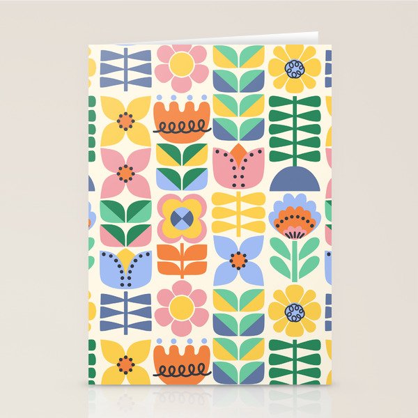Retro Folk and Floral Colorful Pastel Flower Grid Cream Stationery Card Gallery Image 1