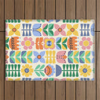 Retro Folk and Floral Colorful Pastel Flower Grid Cream Outdoor Rug Gallery Image 1