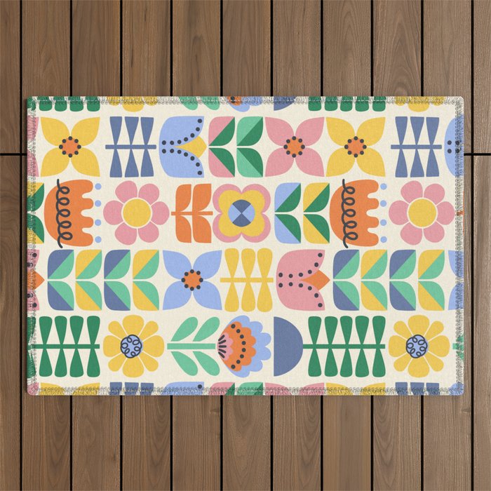 Retro Folk and Floral Colorful Pastel Flower Grid Cream Outdoor Rug Gallery Image 1