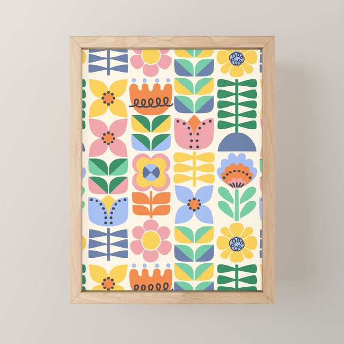 Retro Folk and Floral Colorful Pastel Flower Grid Cream Mini Art Print Gallery Image 1