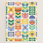 Retro Folk and Floral Colorful Pastel Flower Grid Cream Jigsaw Puzzle Gallery Image 1