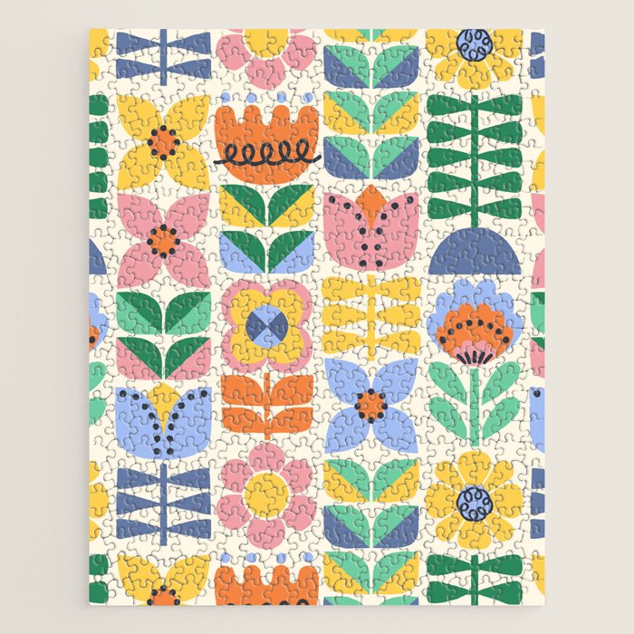 Retro Folk and Floral Colorful Pastel Flower Grid Cream Jigsaw Puzzle Gallery Image 1