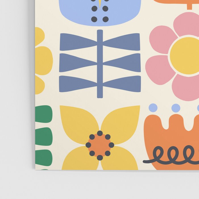 Retro Folk and Floral Colorful Pastel Flower Grid Cream Poster Gallery Image 3