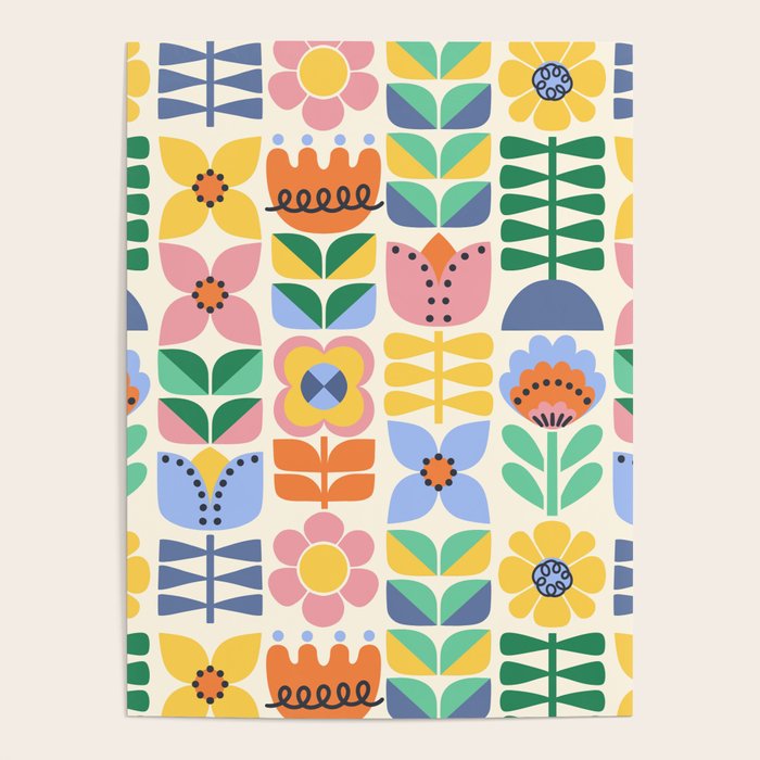 Retro Folk and Floral Colorful Pastel Flower Grid Cream Poster Gallery Image 4