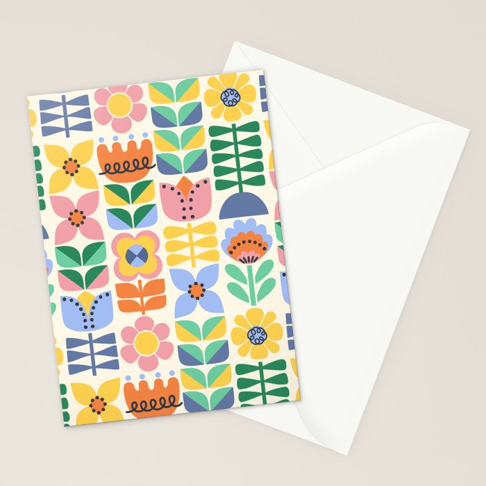 Retro Folk and Floral Colorful Pastel Flower Grid Cream Stationery Card Gallery Image 2