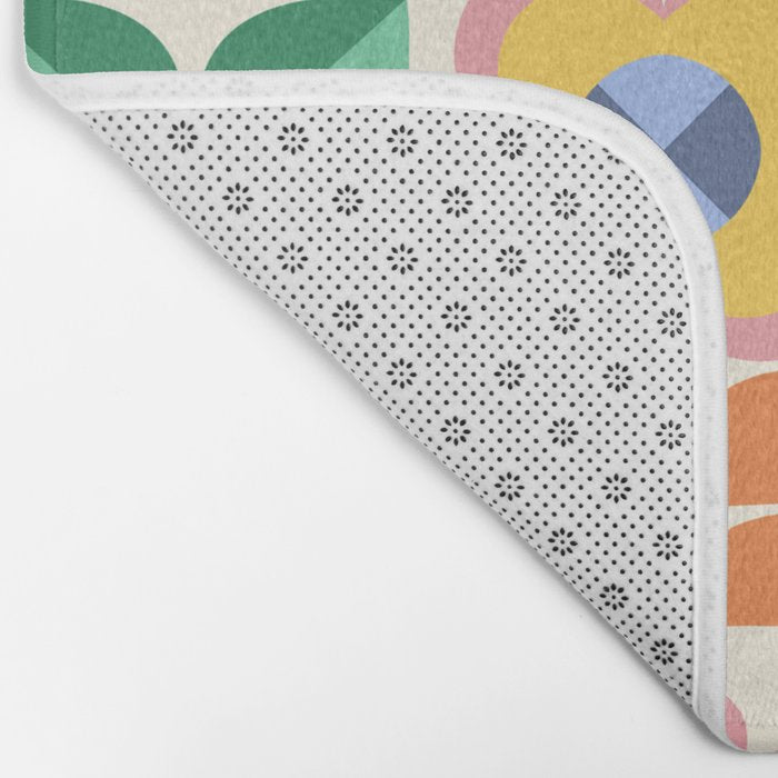 Retro Folk and Floral Colorful Pastel Flower Grid Cream Bath Mat Gallery Image 2