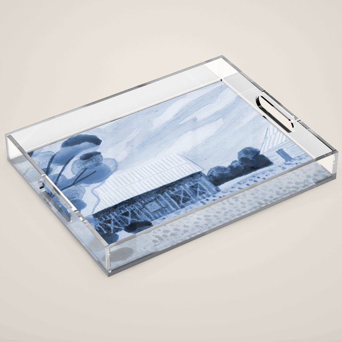 Rustic Country Barn Painting in Navy Blue Acrylic Tray Gallery Image 1