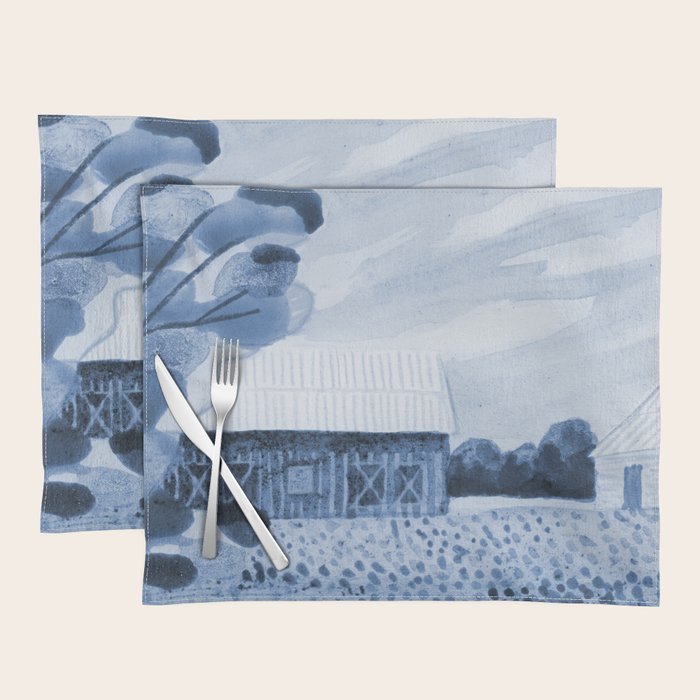 Rustic Country Barn Painting in Navy Blue Placemat Gallery Image 1