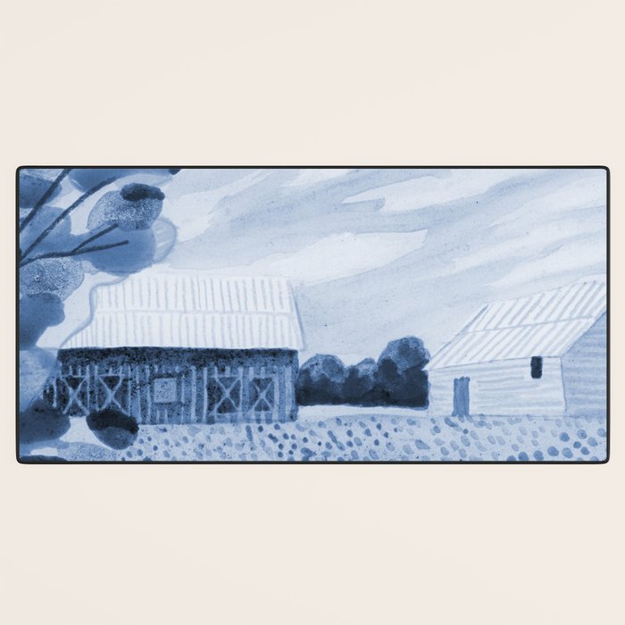 Rustic Country Barn Painting in Navy Blue Desk Mat Gallery Image 3