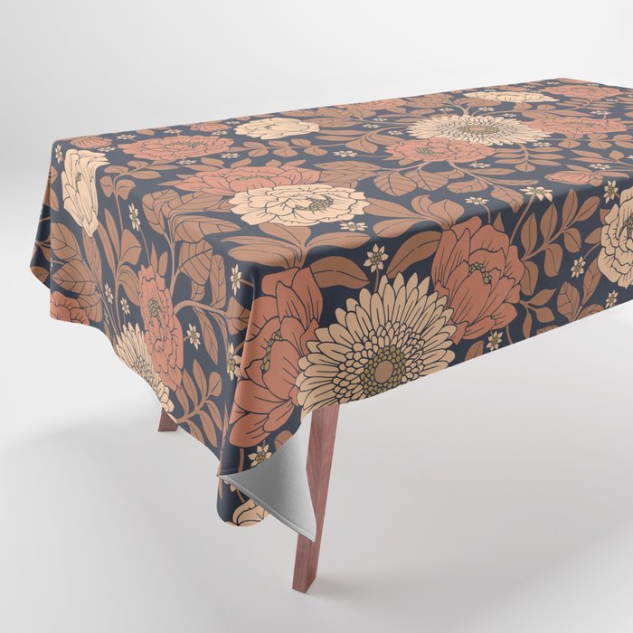 Peach, Dusty Rose, Mauve & Blue-Gray Floral Pattern Tablecloth Gallery Image 1