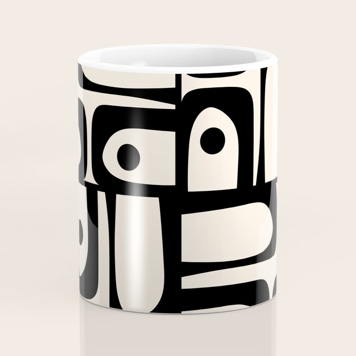 Mid Century Modern Piquet Multi Abstract Retro Geometric Pattern in Black and Cream Coffee Mug Gallery Image 4