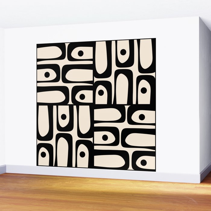 Mid Century Modern Piquet Multi Abstract Retro Geometric Pattern in Black and Cream Wall Mural Gallery Image 2