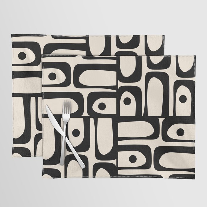 Mid Century Modern Piquet Multi Abstract Retro Geometric Pattern in Black and Cream Placemat Gallery Image 1