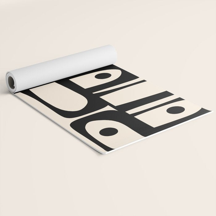 Mid Century Modern Piquet Multi Abstract Retro Geometric Pattern in Black and Cream Yoga Mat Gallery Image 2