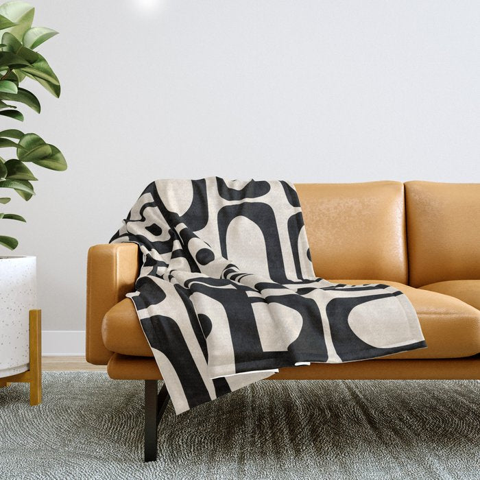 Mid Century Modern Piquet Multi Abstract Retro Geometric Pattern in Black and Cream Throw Blanket Gallery Image 1