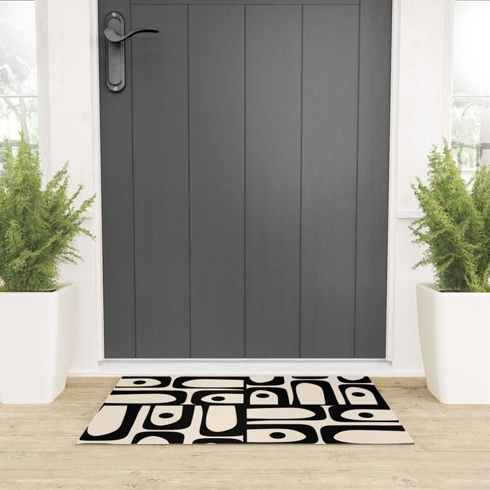 Mid Century Modern Piquet Multi Abstract Retro Geometric Pattern in Black and Cream Welcome Mat Gallery Image 3
