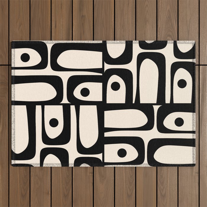 Mid Century Modern Piquet Multi Abstract Retro Geometric Pattern in Black and Cream Outdoor Rug Gallery Image 1