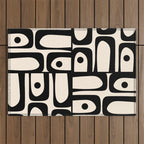 Mid Century Modern Piquet Multi Abstract Retro Geometric Pattern in Black and Cream Outdoor Rug Gallery Image 1