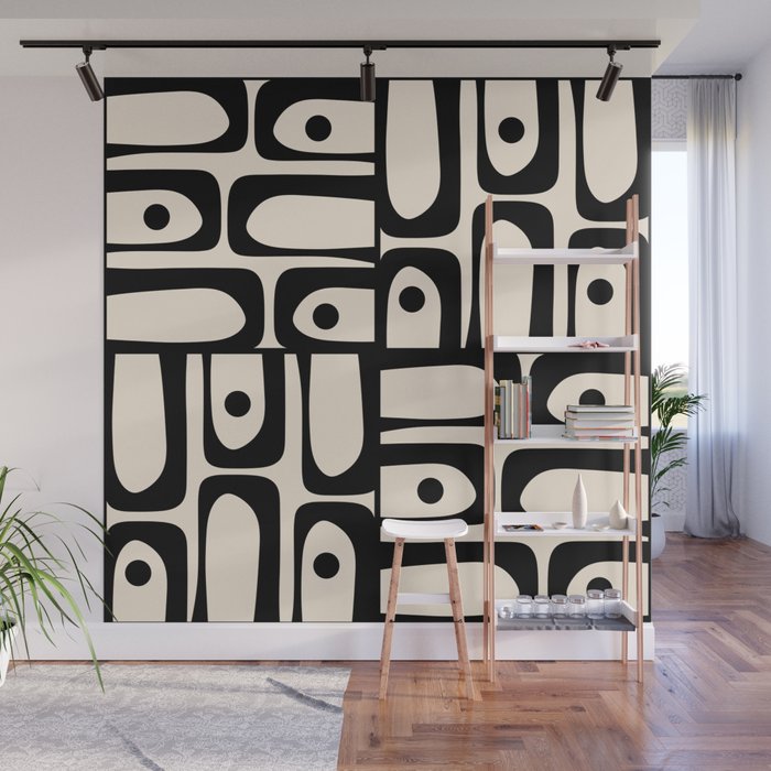 Mid Century Modern Piquet Multi Abstract Retro Geometric Pattern in Black and Cream Wall Mural Gallery Image 1