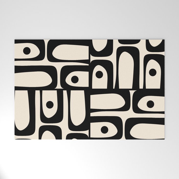 Mid Century Modern Piquet Multi Abstract Retro Geometric Pattern in Black and Cream Welcome Mat Gallery Image 1