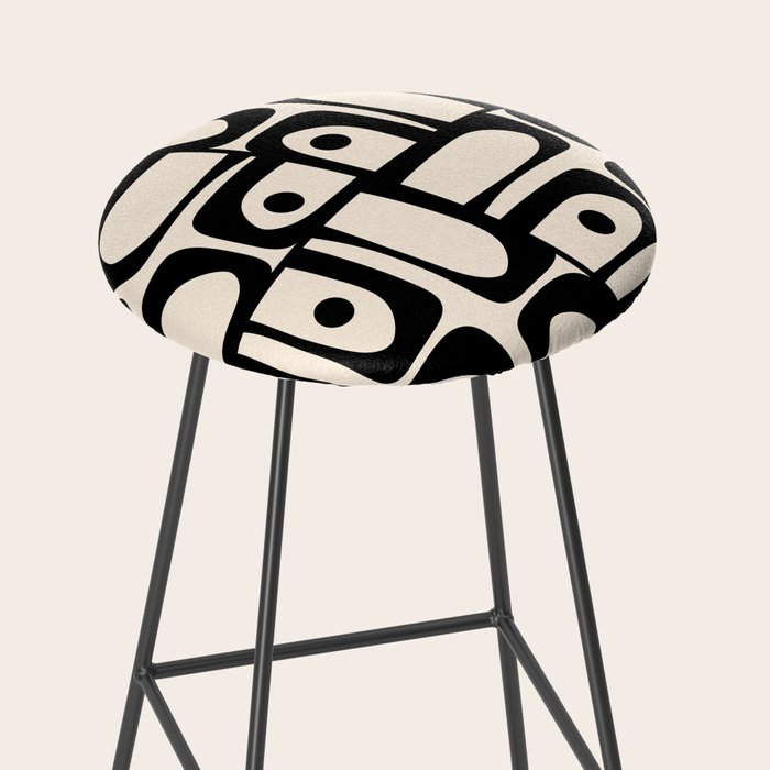 Mid Century Modern Piquet Multi Abstract Retro Geometric Pattern in Black and Cream Stool Gallery Image 2