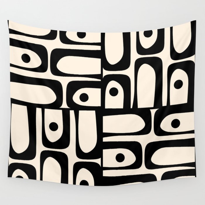 Mid Century Modern Piquet Multi Abstract Retro Geometric Pattern in Black and Cream Wall Tapestry Gallery Image 1