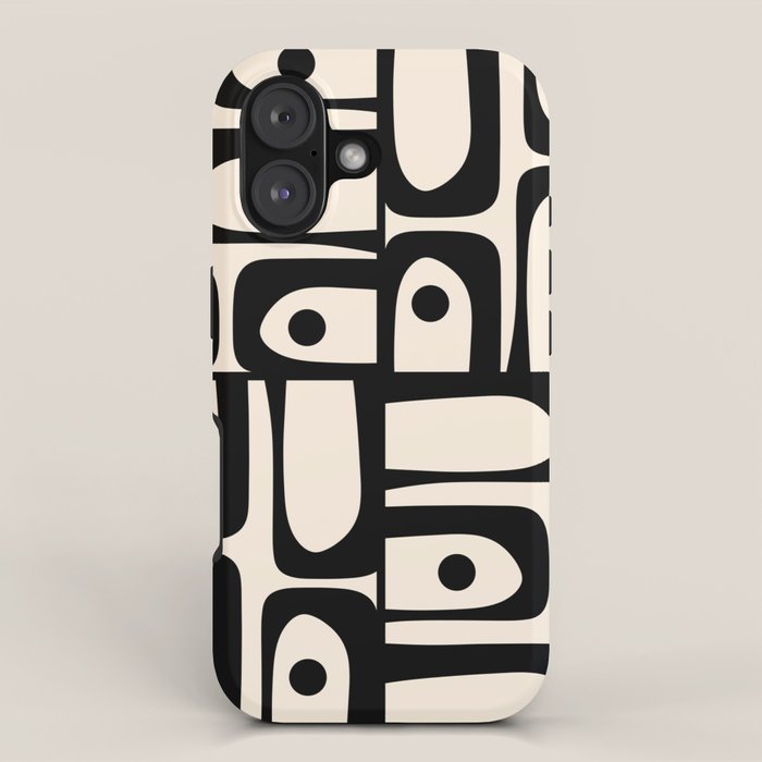 Mid Century Modern Piquet Multi Abstract Retro Geometric Pattern in Black and Cream iPhone Case Gallery Image 1