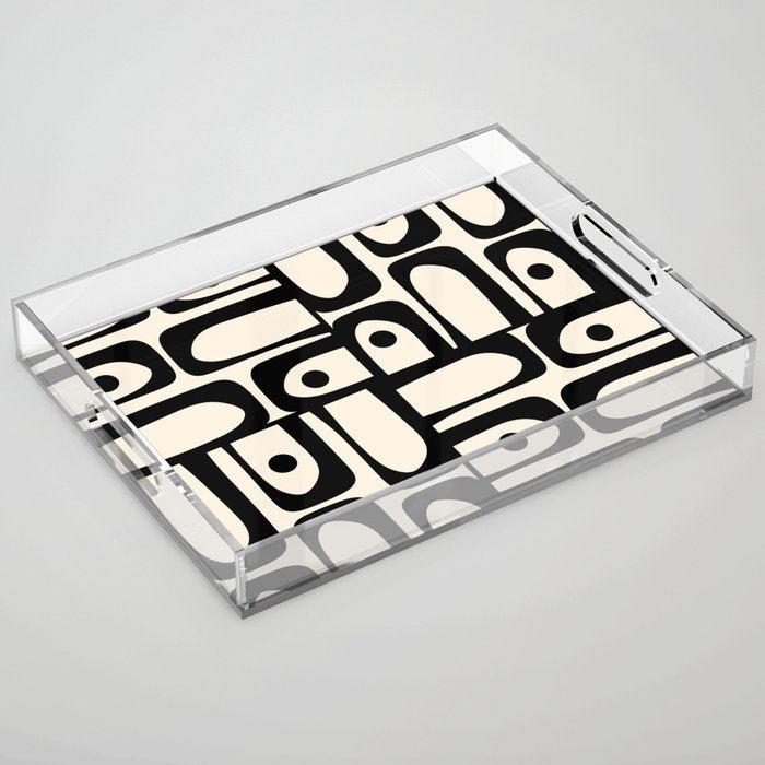 Mid Century Modern Piquet Multi Abstract Retro Geometric Pattern in Black and Cream Acrylic Tray Gallery Image 1