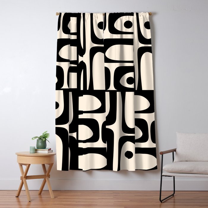 Mid Century Modern Piquet Multi Abstract Retro Geometric Pattern in Black and Cream Window Curtain Gallery Image 5