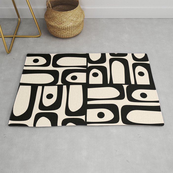 Mid Century Modern Piquet Multi Abstract Retro Geometric Pattern in Black and Cream Rug Gallery Image 1