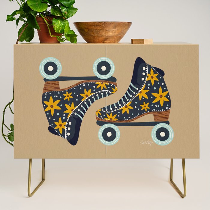 Retro Roller Skates - Teal & Yellow Palette Credenza Gallery Image 1