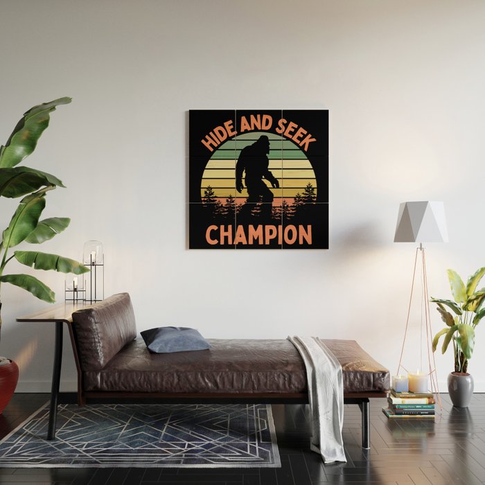 Bigfoot Hide And Seek Champion Funny Sasquatch Vintage Sunset Wood Wall Art Gallery Image 2