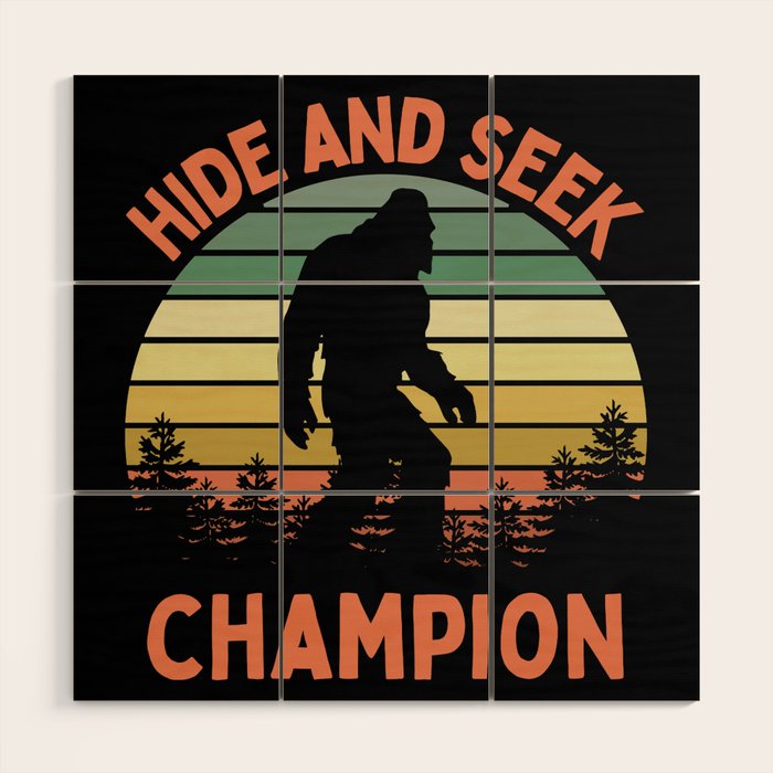 Bigfoot Hide And Seek Champion Funny Sasquatch Vintage Sunset Wood Wall Art Gallery Image 1