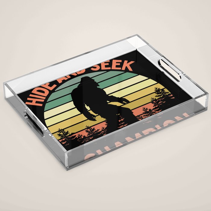 Bigfoot Hide And Seek Champion Funny Sasquatch Vintage Sunset Acrylic Tray Gallery Image 1