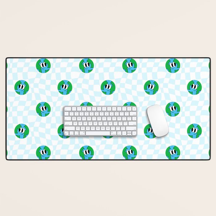 Retro cartoon earth planet checkered pattern Desk Mat Gallery Image 1