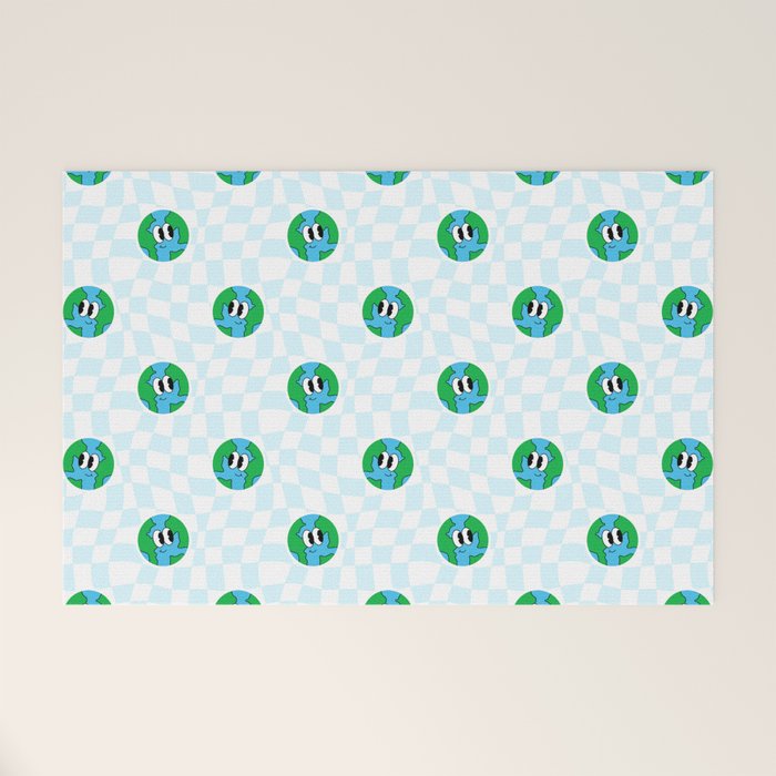 Retro cartoon earth planet checkered pattern Welcome Mat Gallery Image 1