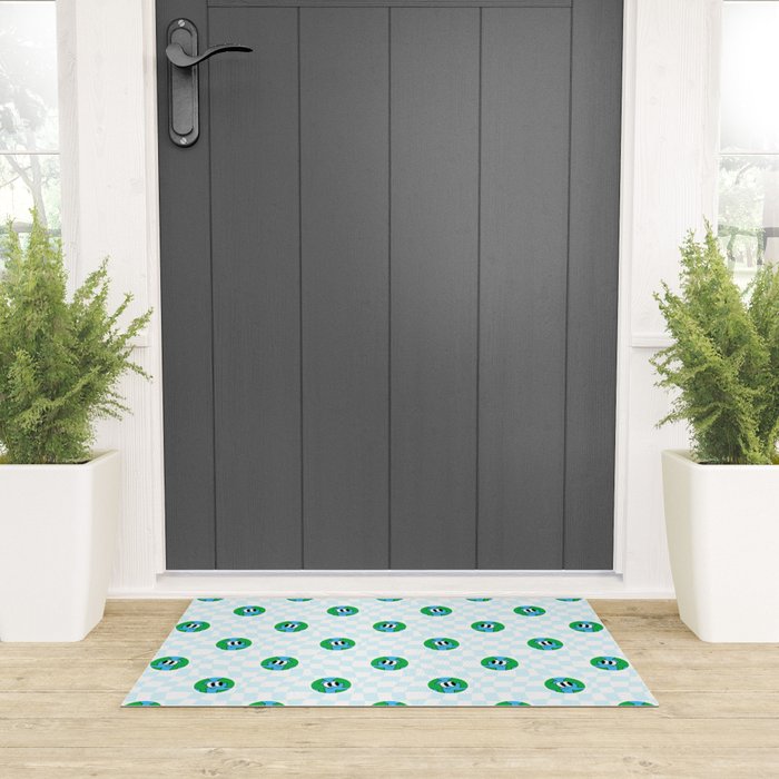 Retro cartoon earth planet checkered pattern Welcome Mat Gallery Image 3
