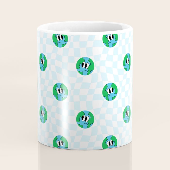 Retro cartoon earth planet checkered pattern Coffee Mug Gallery Image 4