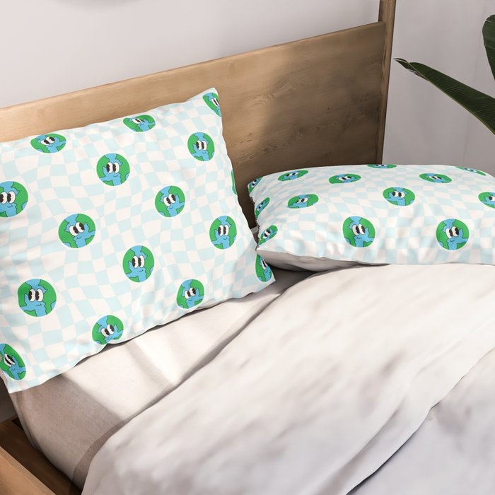 Retro cartoon earth planet checkered pattern Pillow Sham Gallery Image 2